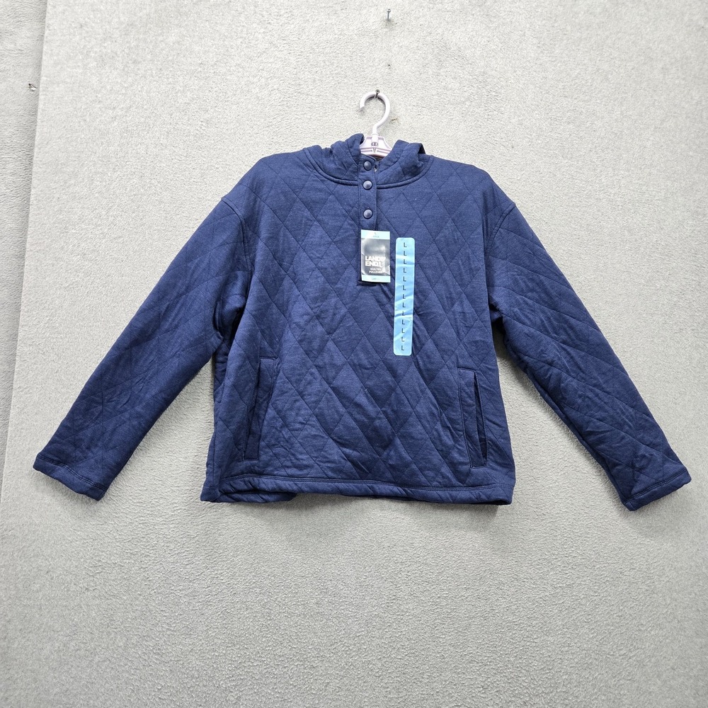 Lands' End Girls Sweatshirt L 12-14 Navy Quilted Pullover Button Hooded NWT